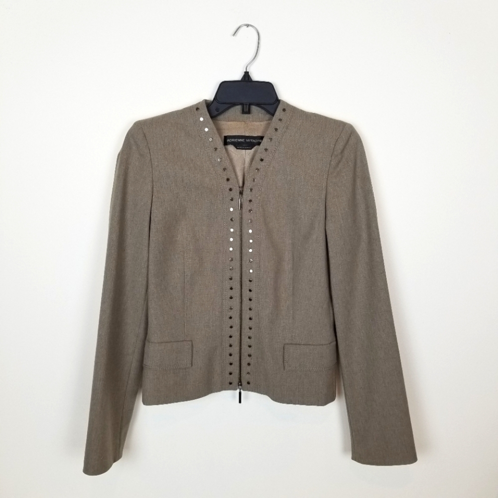 Adrienne Vittadini light brown wool lady jacket zipper front metal studs edgy 4